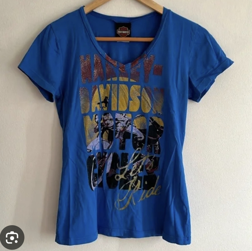 Harley-Davidson Boston Mass Vintage Baby Tshirt Vneck Blue Size Large